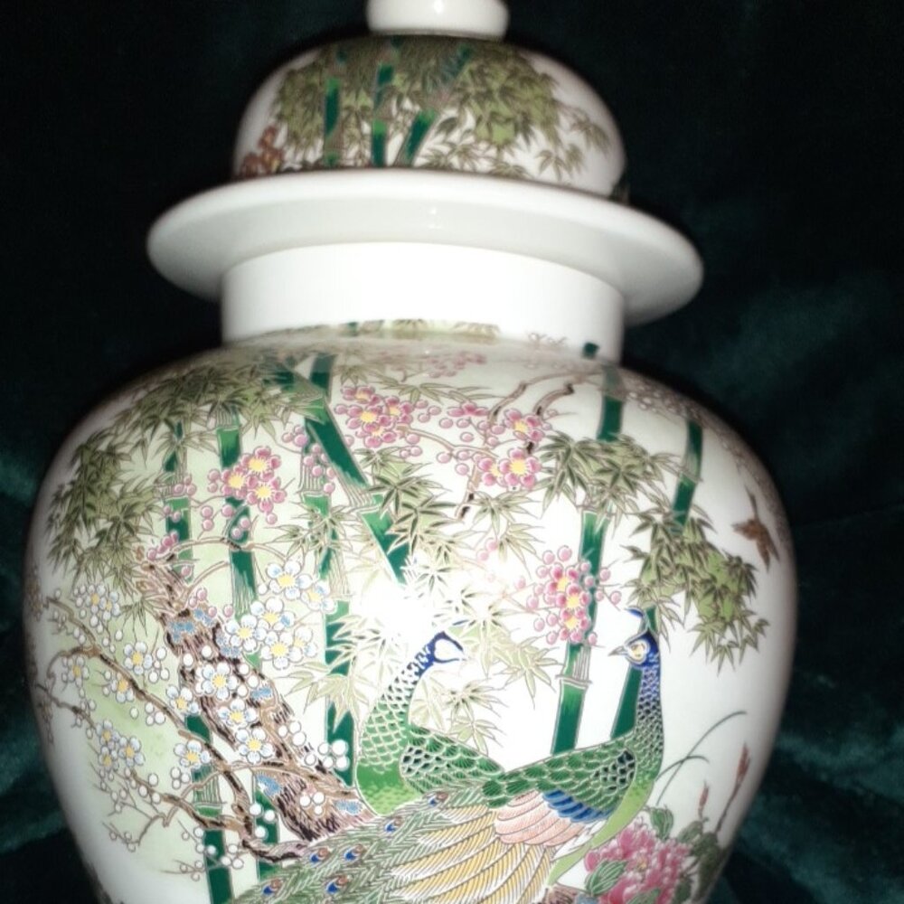 JAPAN FLORAL PEACOCK BIRD GINGER JAR W LID, VINTAGE 1980 OMC OTIGIRI, BEAUTIFUL - Picture 4 of 13